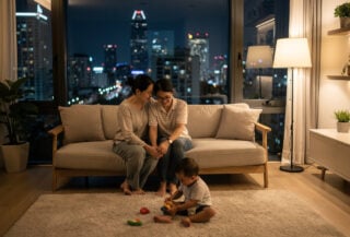 Young Vietnamese family in urban apartment with city skyline view, Ho Chi Minh City