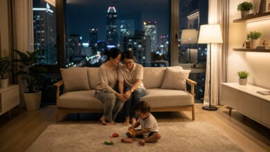 Young Vietnamese family in urban apartment with city skyline view, Ho Chi Minh City