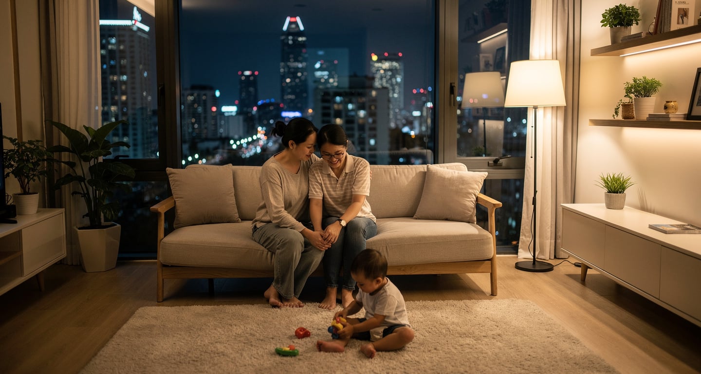Young Vietnamese family in urban apartment with city skyline view, Ho Chi Minh City