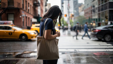 Young woman in contemplative moment on New York City street