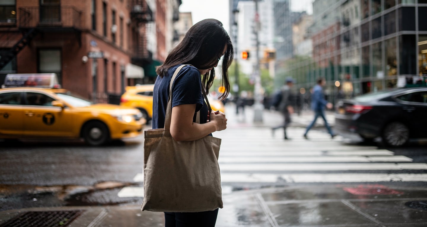 Young woman in contemplative moment on New York City street