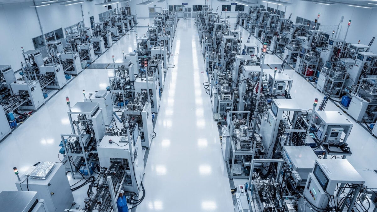 Advanced semiconductor fabrication facility interior with precision manufacturing equipment under blue-white lighting