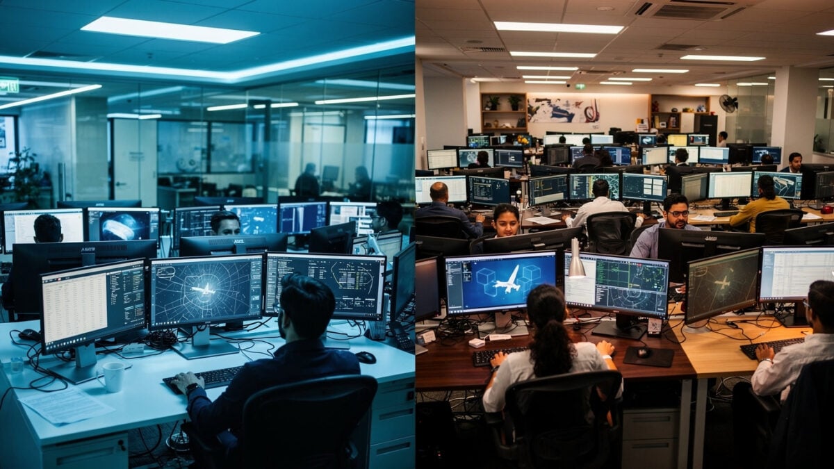 Airline back-office operations center with dual-location workflow visualization