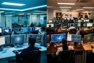 Airline back-office operations center with dual-location workflow visualization