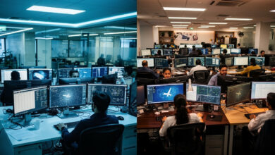 Airline back-office operations center with dual-location workflow visualization