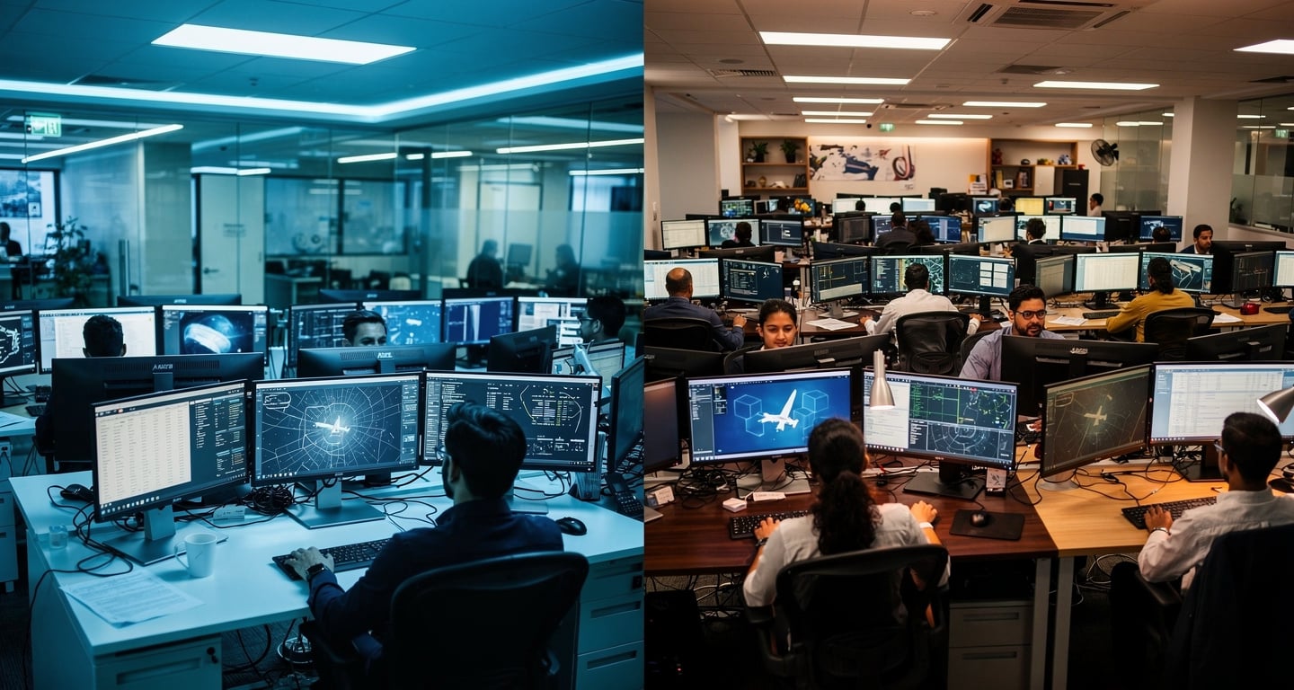 Airline back-office operations center with dual-location workflow visualization