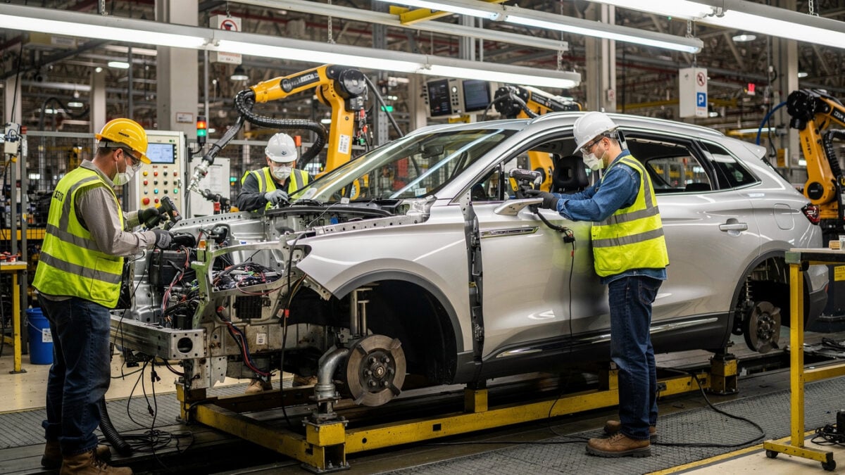 Assembly line workers installing components on Lincoln Nautilus in U.S. automotive plant