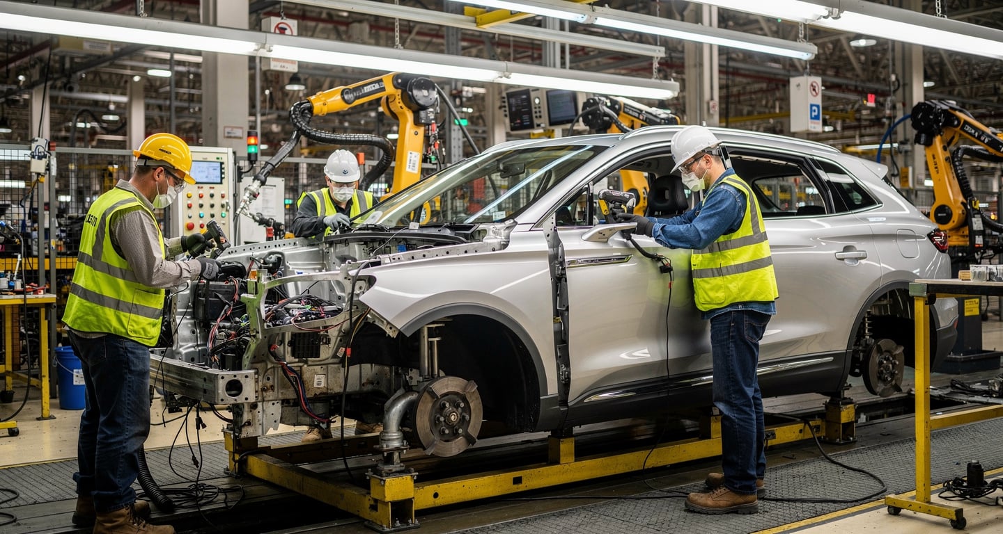 Assembly line workers installing components on Lincoln Nautilus in U.S. automotive plant