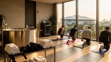 Bangkok hotel spa recovery station with ice bath and stretching area during Hyrox race week