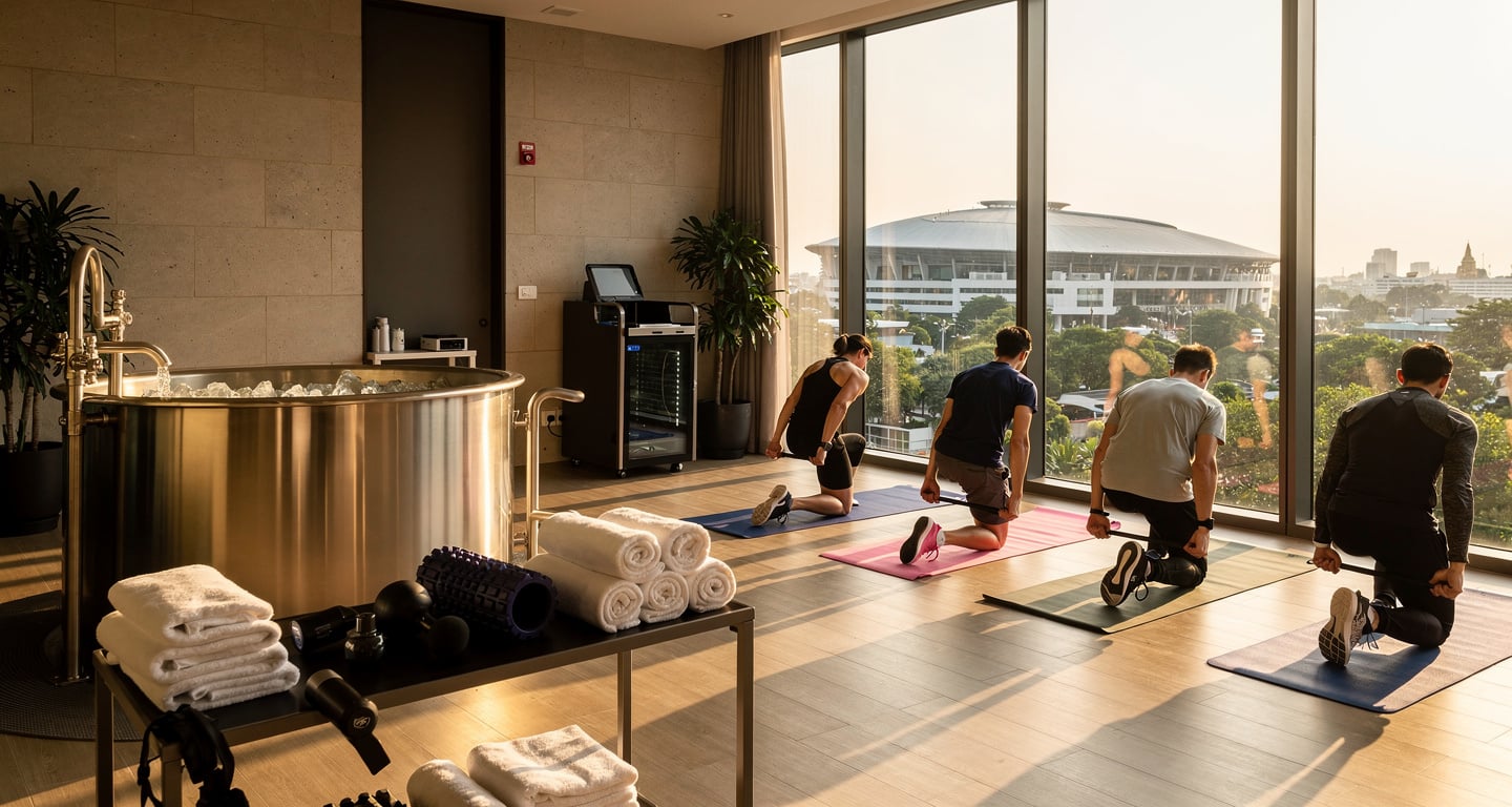Bangkok hotel spa recovery station with ice bath and stretching area during Hyrox race week
