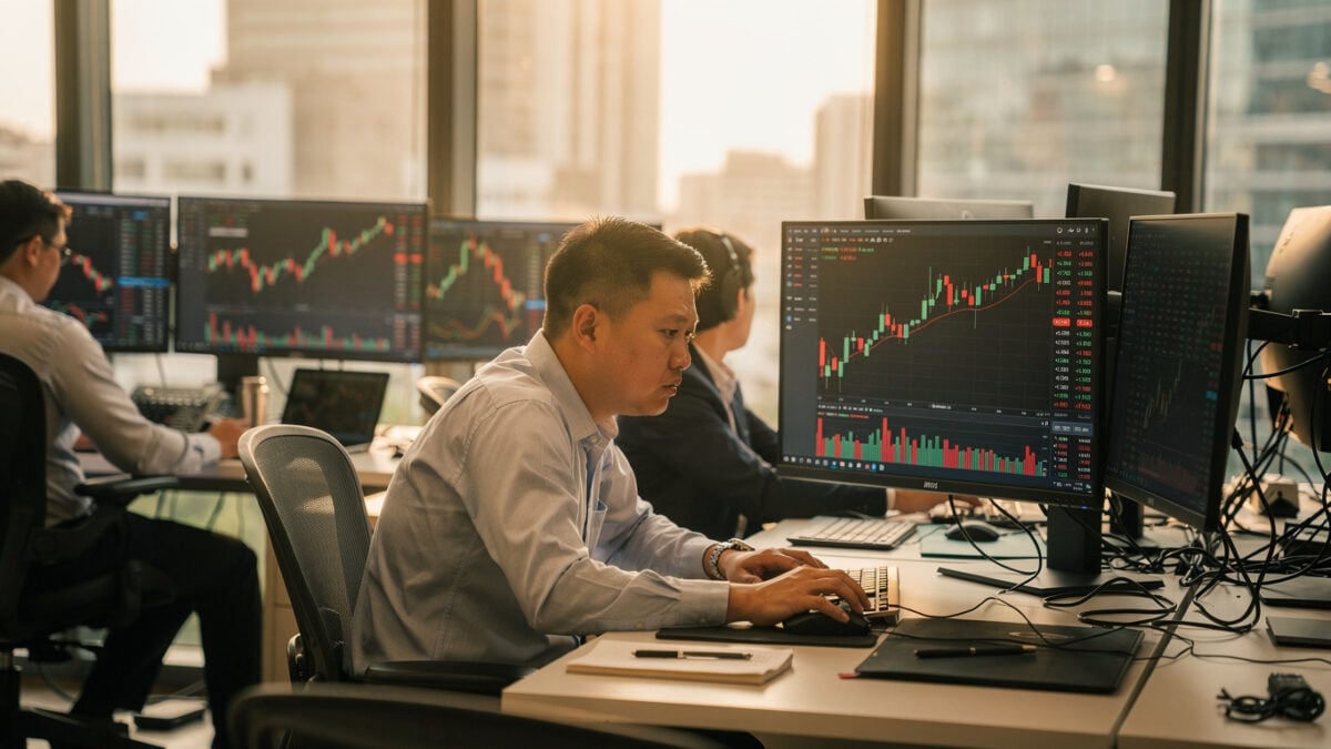 Bangkok trader monitoring Bitcoin and Ether prices on multiple screens in dealing room