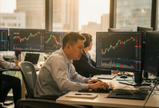 Bangkok trader monitoring Bitcoin and Ether prices on multiple screens in dealing room