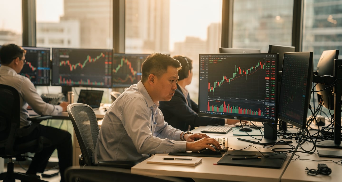 Bangkok trader monitoring Bitcoin and Ether prices on multiple screens in dealing room