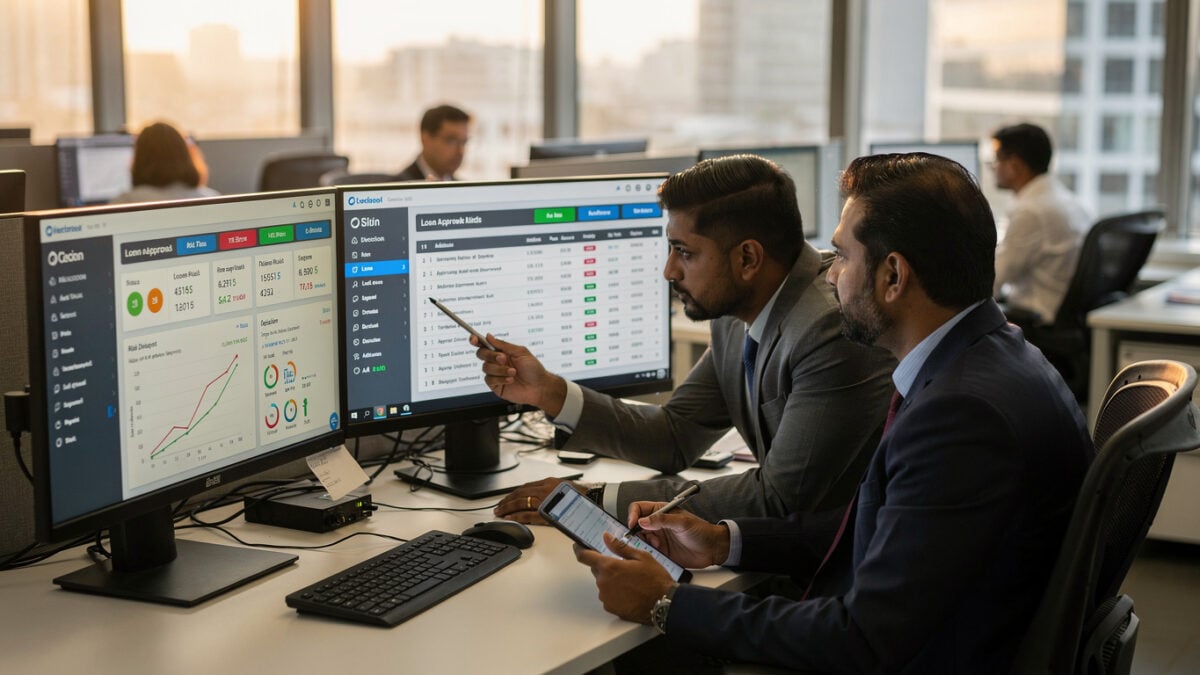 Bank loan officers reviewing AI lending dashboards in Mumbai operations center, afternoon light