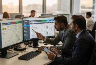 Bank loan officers reviewing AI lending dashboards in Mumbai operations center, afternoon light