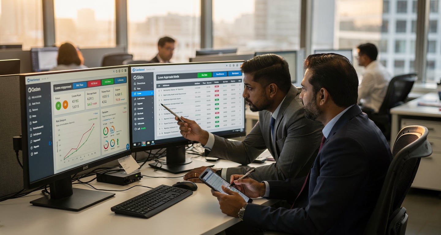 Bank loan officers reviewing AI lending dashboards in Mumbai operations center, afternoon light