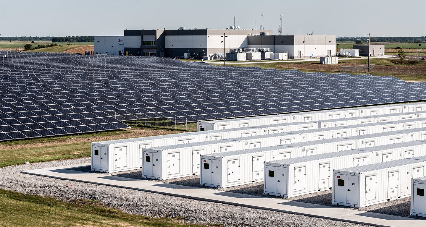 Battery storage facility and solar array powering AI data center, Ohio
