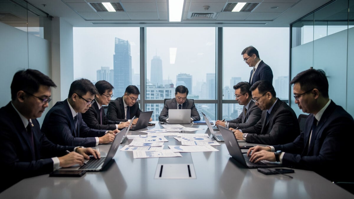 Beijing corporate office executives reviewing regulatory documents at conference table, serious expressions