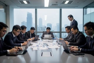 Beijing corporate office executives reviewing regulatory documents at conference table, serious expressions