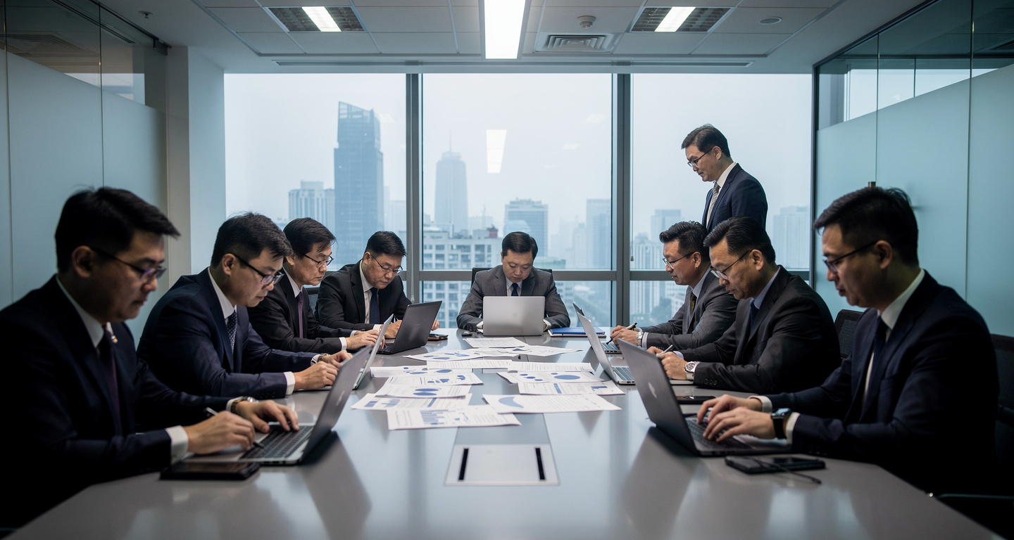 Beijing corporate office executives reviewing regulatory documents at conference table, serious expressions