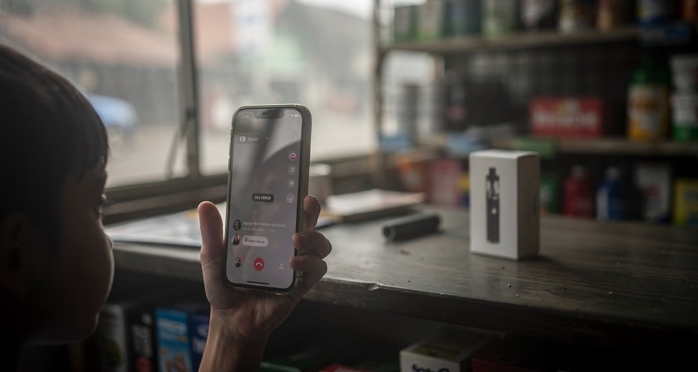 Child's hand with smartphone livestream interface, vaping shop counter background, Jakarta