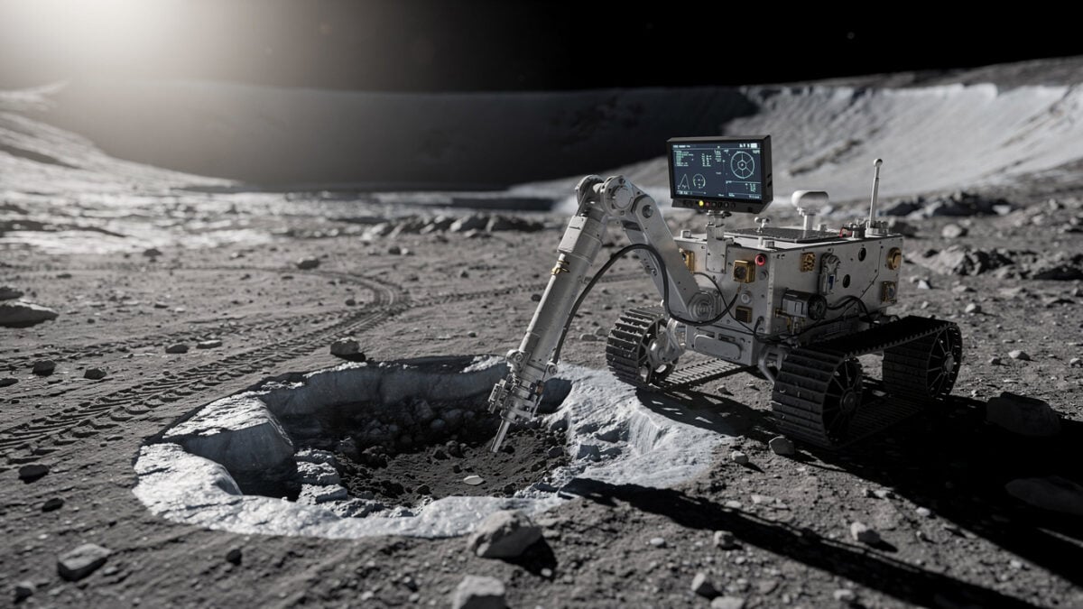 Chinese lunar rover drilling for water ice at Shackleton Crater, south pole, harsh sunlight and shadow