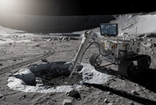 Chinese lunar rover drilling for water ice at Shackleton Crater, south pole, harsh sunlight and shadow