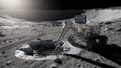 Chinese lunar rover drilling for water ice at Shackleton Crater, south pole, harsh sunlight and shadow