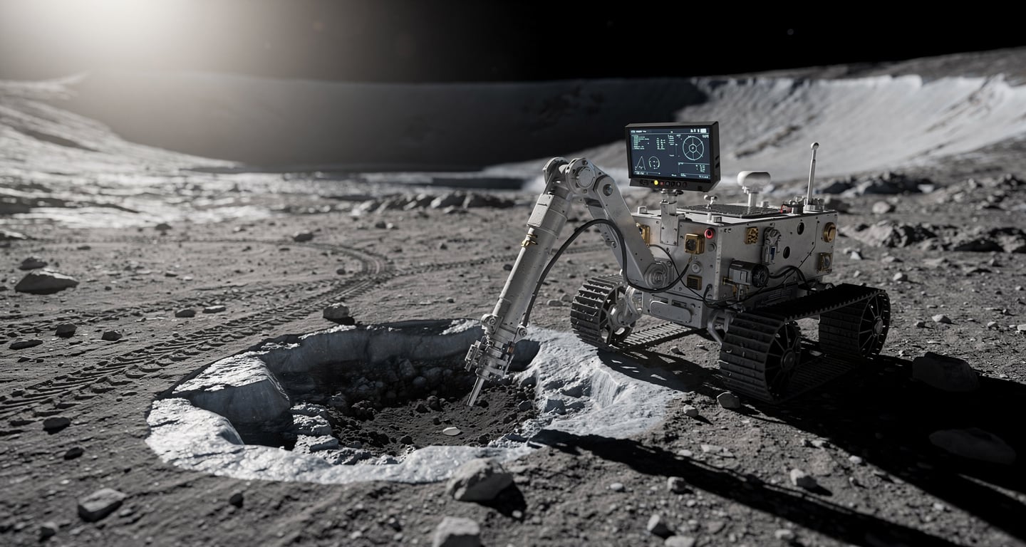 Chinese lunar rover drilling for water ice at Shackleton Crater, south pole, harsh sunlight and shadow