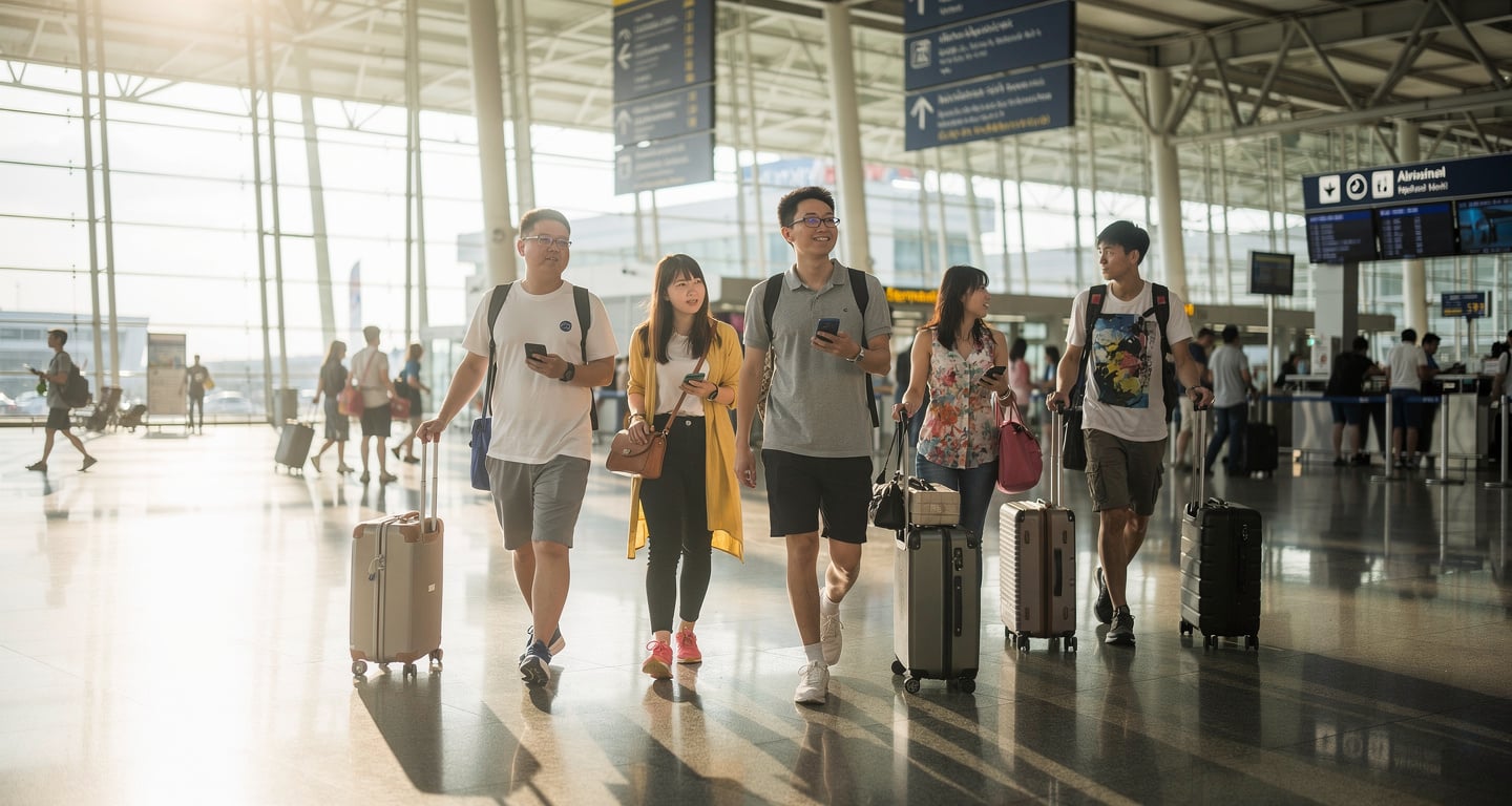 Chinese tourists with luggage at Bangkok airport arrivals, morning light