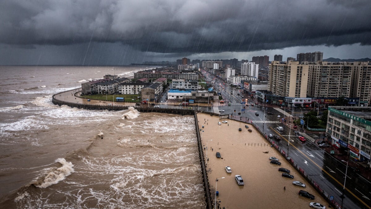 Coastal Zhejiang city under heavy typhoon rain and wind, dark dramatic sky