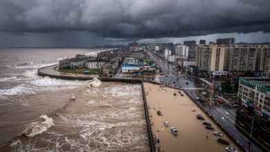Coastal Zhejiang city under heavy typhoon rain and wind, dark dramatic sky