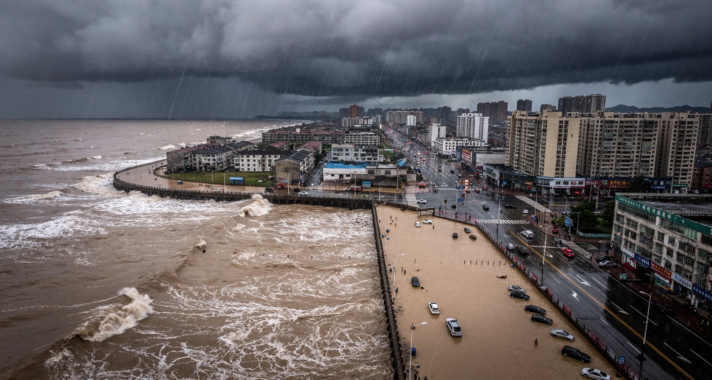 Coastal Zhejiang city under heavy typhoon rain and wind, dark dramatic sky
