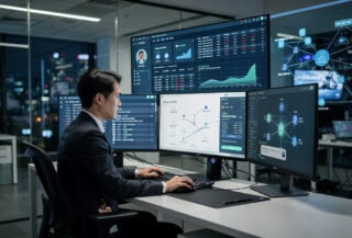 Compliance officer monitoring crypto transaction identity verification screens at Seoul exchange