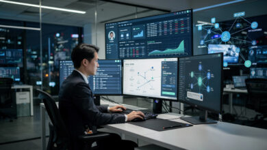 Compliance officer monitoring crypto transaction identity verification screens at Seoul exchange