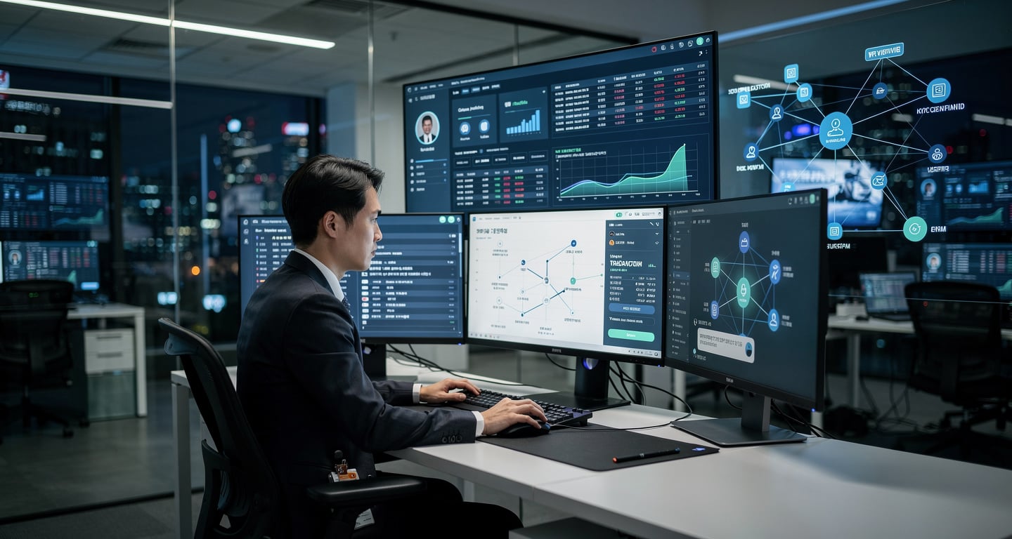 Compliance officer monitoring crypto transaction identity verification screens at Seoul exchange