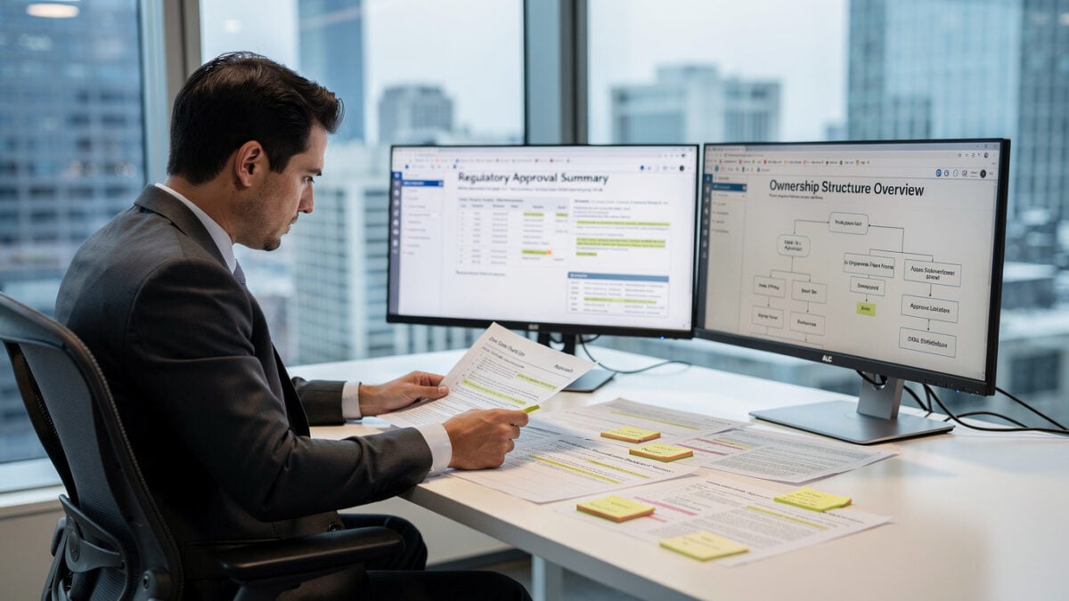 Compliance officer reviewing bank charter documents at desk with regulatory screens visible