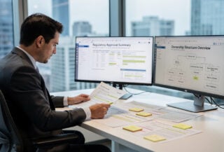 Compliance officer reviewing bank charter documents at desk with regulatory screens visible
