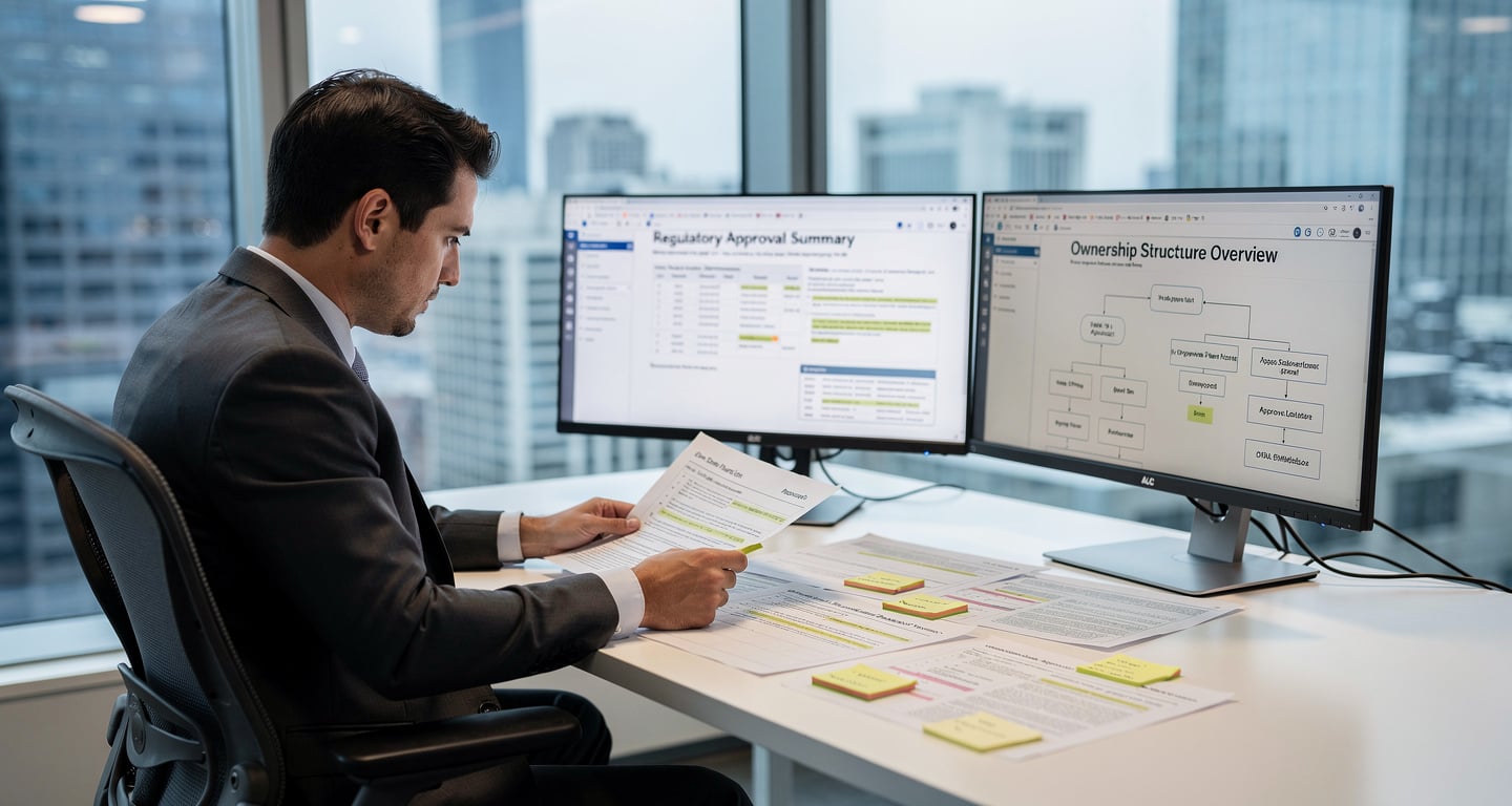Compliance officer reviewing bank charter documents at desk with regulatory screens visible