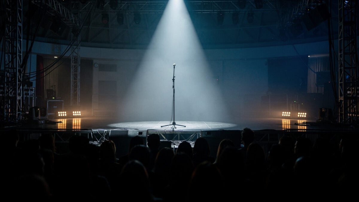 Concert stage at night with spotlight on microphone, Singapore venue, dramatic lighting