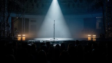 Concert stage at night with spotlight on microphone, Singapore venue, dramatic lighting