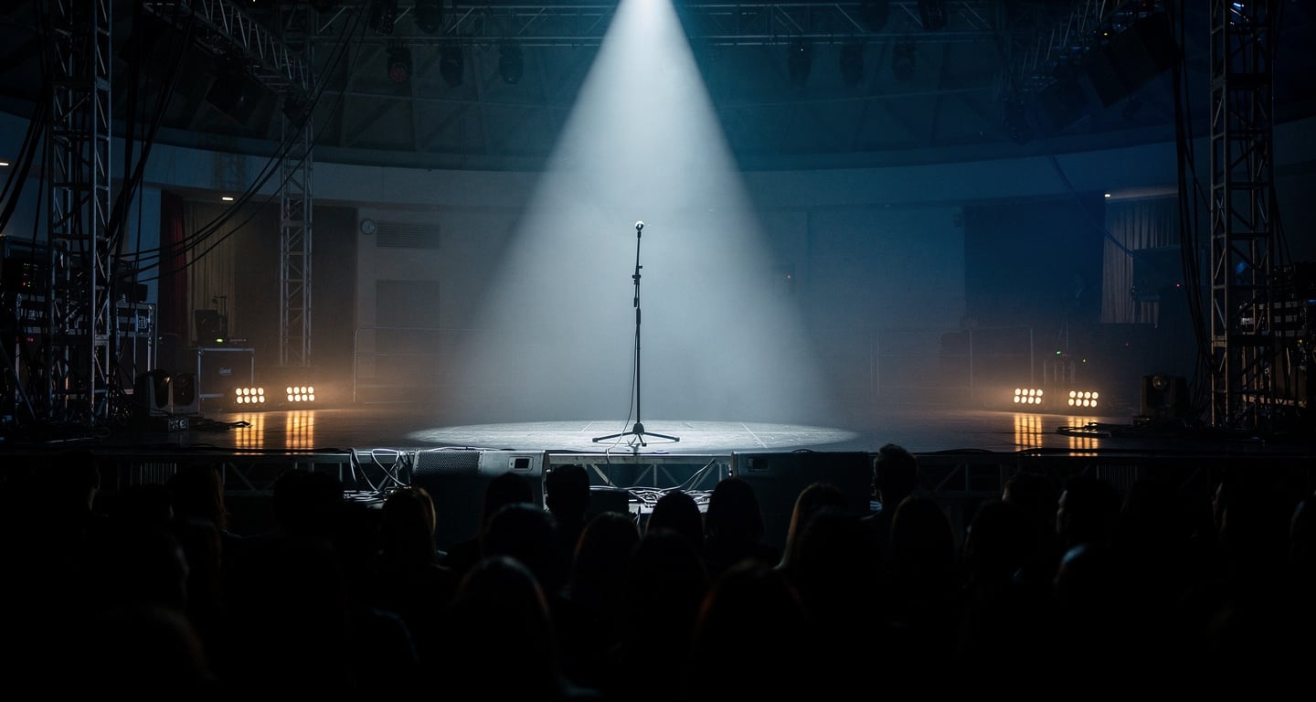 Concert stage at night with spotlight on microphone, Singapore venue, dramatic lighting