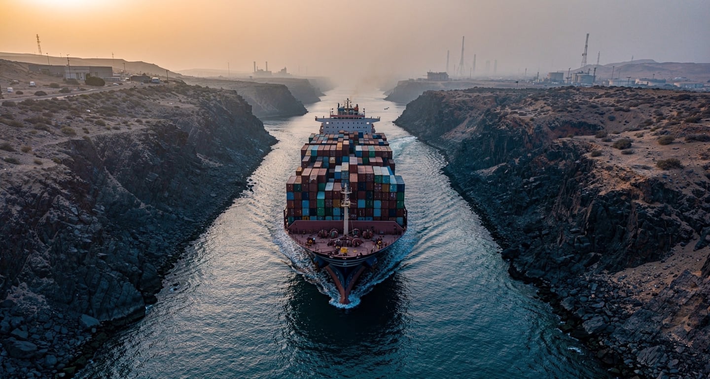 Container ship in narrow strait passage between rocky coastlines, Strait of Hormuz