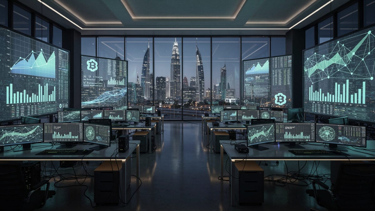 Cryptocurrency exchange trading floor with blockchain data displays, Dubai, night lighting