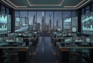 Cryptocurrency exchange trading floor with blockchain data displays, Dubai, night lighting