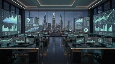 Cryptocurrency exchange trading floor with blockchain data displays, Dubai, night lighting
