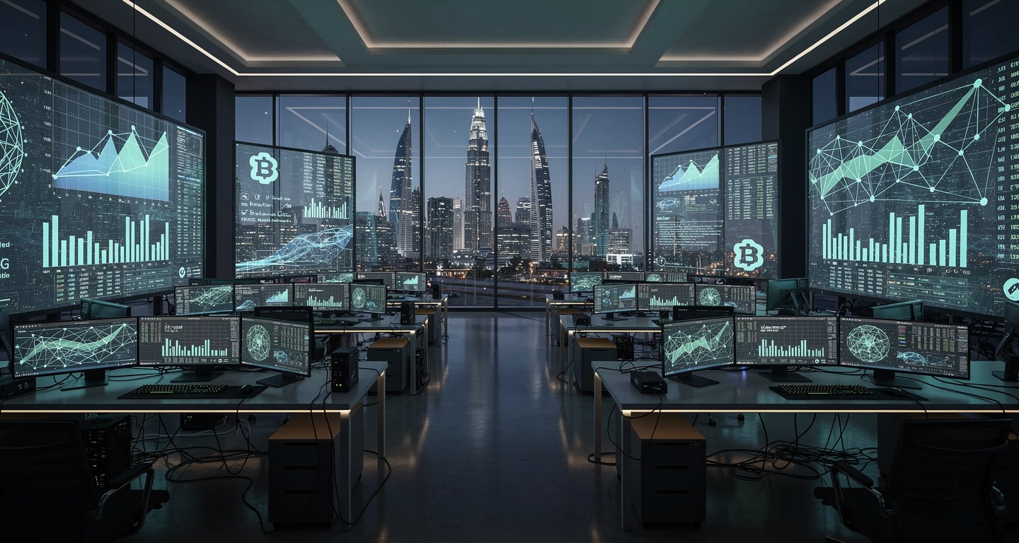 Cryptocurrency exchange trading floor with blockchain data displays, Dubai, night lighting