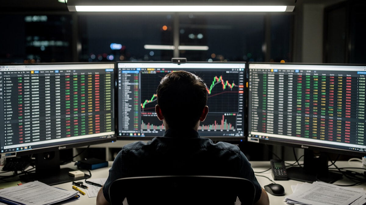 Cryptocurrency trader monitoring transaction screens in a Phnom Penh office, harsh lighting