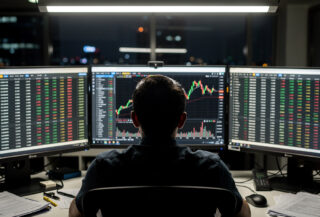 Cryptocurrency trader monitoring transaction screens in a Phnom Penh office, harsh lighting