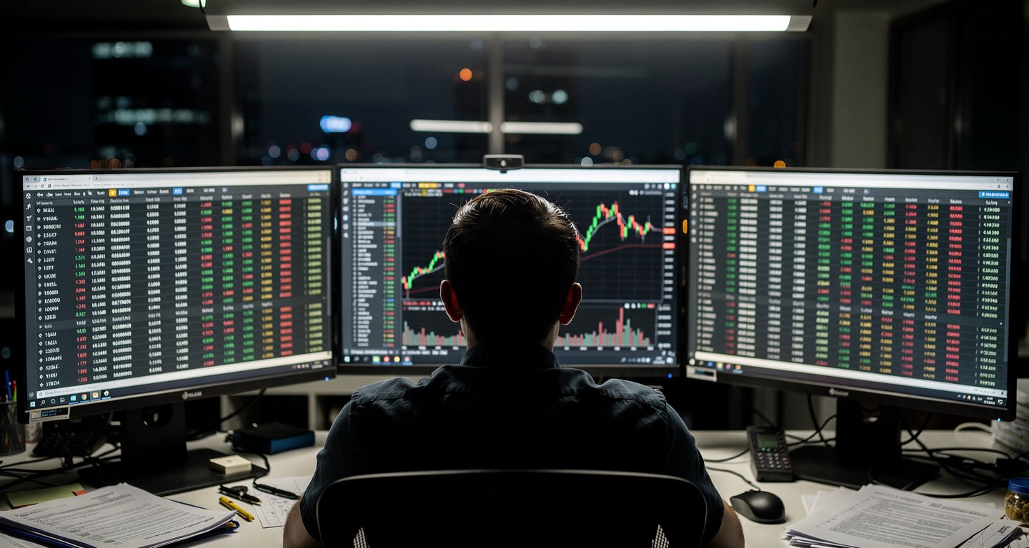 Cryptocurrency trader monitoring transaction screens in a Phnom Penh office, harsh lighting